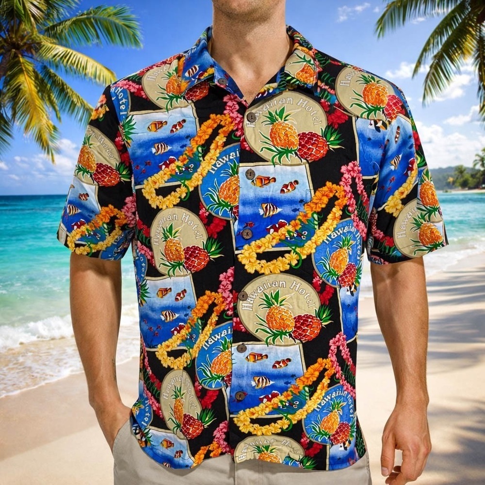 Hilo Hattie Hawaiian Aloha Shirt Medium Hwn‎ Hotel Tropical Fish Pineapples